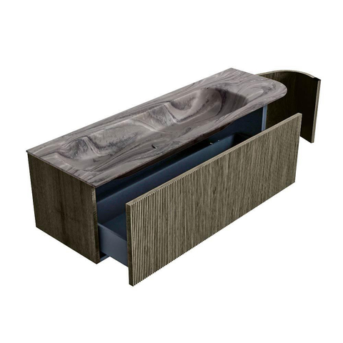 MONDIAZ KURVE-DLUX 145cm badmeubel ronding Rechts kleur Shadow met 1 lade en 1 deur. Wastafel BIG LARGE Links 2 kraangaten Sombra. SW1433786