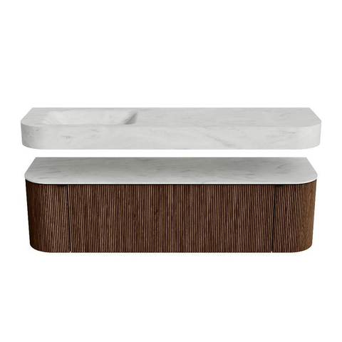 MONDIAZ THOR-DLUX 160cm badmeubel ronding links + rechts kleur Walnut met 1 lade en 2 deuren. Vrijhangende wastafel CLOUD Links 1 kraangat kleur Opalo. SW1465044