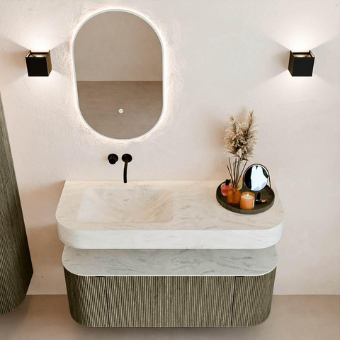 MONDIAZ THOR-DLUX 120cm meuble de salle de bains arrondi gauche + droite couleur Shadow avec 1 tiroir et 2 portes. Vasque suspendue CLOUD Gauche sans trou de robinet couleur Opalo. SW1463197