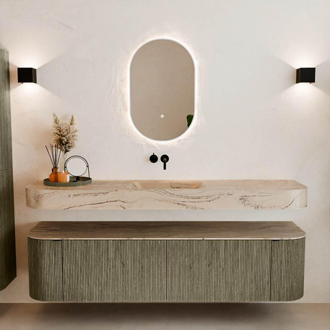 MONDIAZ THOR-DLUX Meuble de salle de bains - 180cm - arrondi gauche + droite - couleur Shadow - 2 tiroirs - 2 portes - Vasque suspendue CLOUD Milieu sans trou de robinet - couleur Arena SW1466132