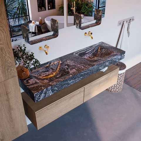 Mondiaz ALAN-DLUX Ensemble de meuble - 150cm - meuble Washed Oak mat - 2 tiroirs - Lavabo Cloud Lava suspendu - vasque Gauche et droite - 0 trous de robinet SW808837