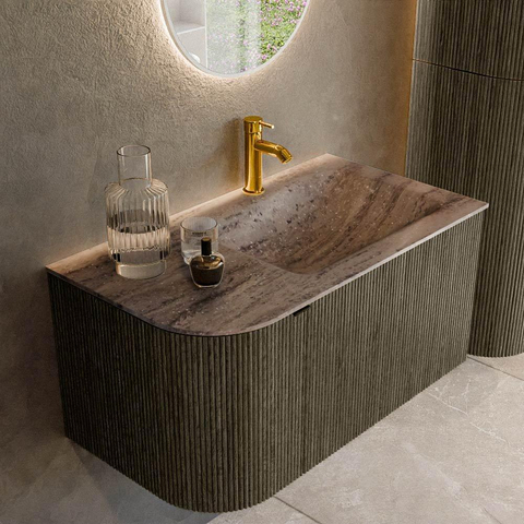 MONDIAZ KURVE-DLUX meuble de salle de bains 85 cm arrondi à gauche couleur Shadow avec 1 tiroir et 1 porte. Lavabo CLOUD à droite 1 trou de robinet Oza. SW1432863