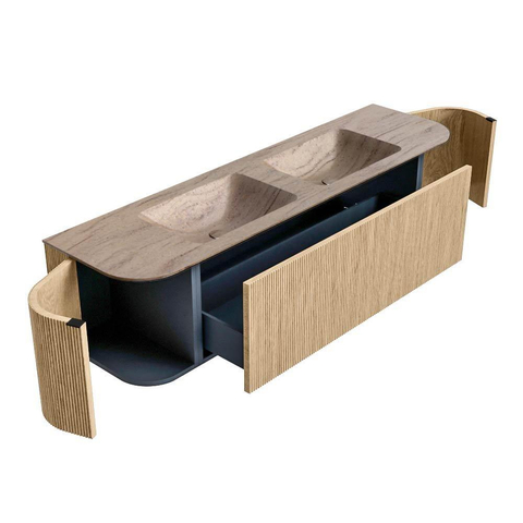 MONDIAZ KURVE-DLUX 170cm meuble de salle de bains arrondi Gauche + Droite couleur Chêne avec 1 tiroir et 2 portes. Lavabo LEAF Double 2 trous de robinet Saba. SW1433100