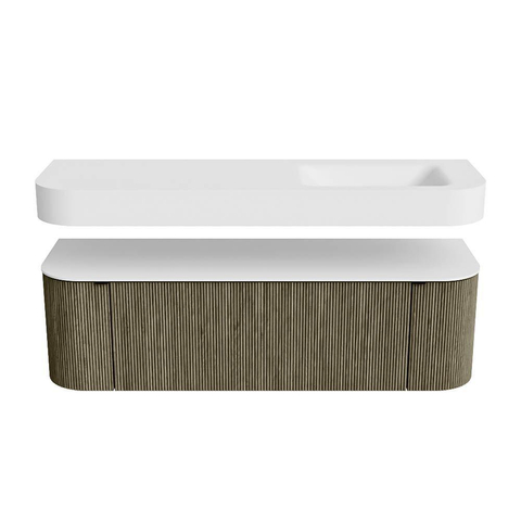 MONDIAZ THOR 150cm meuble de salle de bains arrondi gauche + droite couleur Shadow avec 1 tiroir et 2 portes. Vasque suspendue CLOUD Droite sans trou de robinet couleur Talc. SW1464488