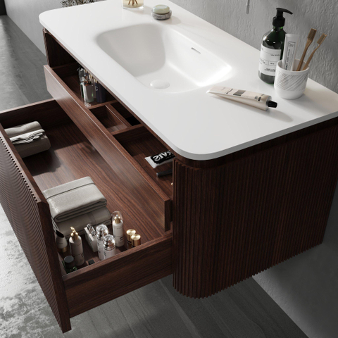 Royal Plaza Terra Edge Ensemble meuble de salle de bains - 100x44.7x46cm - vasque en solid surface blanc mat - 1 vasque - 1 trou de robinet - 2 tiroirs - châtaignier (noyer) SW1471913