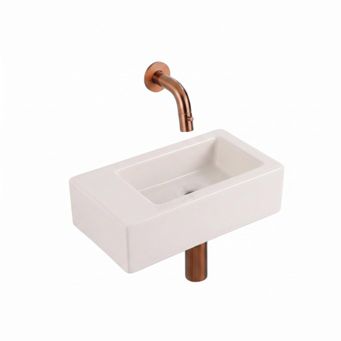 QeramiQ Fuente Fontein - 38x18.5x9cm - keramiek - zonder fonteinkraangat - fonteinkraan geborsteld koper - verlaagd sifon - afvoerplug - linnen SW1582118