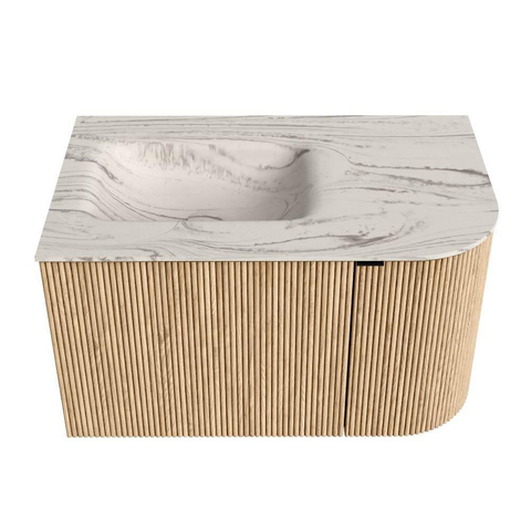 MONDIAZ KURVE-DLUX Meuble de salle de bains 75cm arrondi à droite couleur Chêne avec 1 tiroir et 1 porte. Lavabo GRUNNE à gauche sans trou de robinet Nata. SW1432056