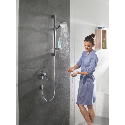 Hansgrohe Crometta Glijstangset - met Crometta Vario - handdouche - met 2 straalsoort - met Casetta zeepschaal 65c - wit chroom SW73216