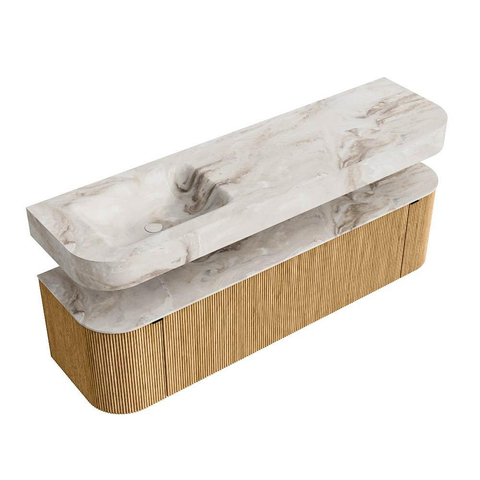 MONDIAZ THOR-DLUX 170cm badmeubel ronding links + rechts kleur Oak met 1 lade en 2 deuren. Vrijhangende wastafel CLOUD Links 1 kraangat kleur Frappe. SW1465422