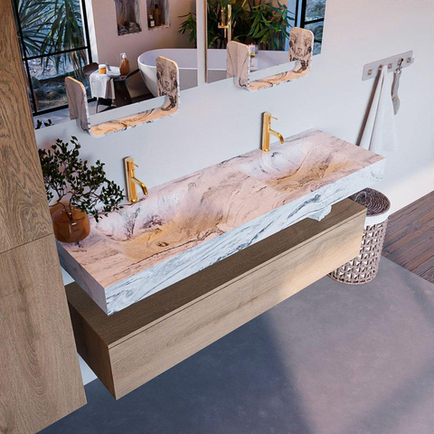 Mondiaz ALAN-DLUX Ensemble de meuble - 150cm - meuble Washed Oak mat - 1 tiroir - Lavabo Cloud Glace suspendu - vasque Gauche et droite - 2 trous de robinet SW808704