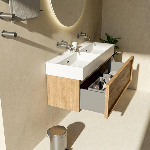 Saniclass Holz Frame Badkamermeubelset - 120x45x52cm - Legend keramische wastafel mat wit - 2 wasbakken - zonder kraangaten - 1 lade - mat eiken natural (hout) SW1596147