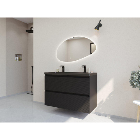 H&R Badmeubelen Infinity XXL 3D Badkamermeubelset - 100 cm - 1 keramische wasbak djazz mat zwart - 2 kraangaten - 2 lades - mat zwart SW863473