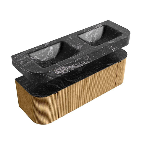 MONDIAZ THOR-DLUX 140cm meuble de salle de bains arrondi gauche + droite couleur Oak avec 1 tiroir et 2 portes. Vasque suspendue CLOUD Double sans trou de robinet couleur Lava. SW1463962