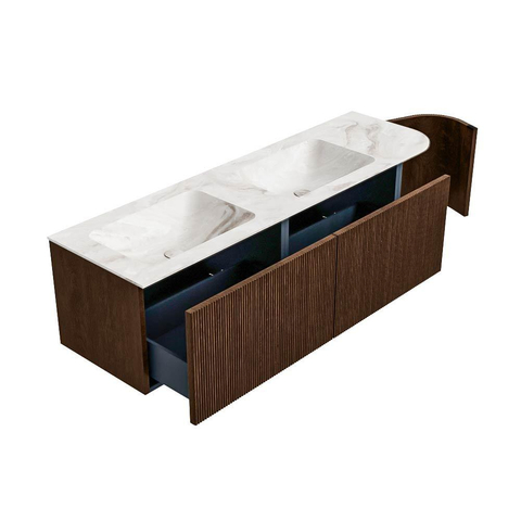 MONDIAZ KURVE-DLUX meuble de salle de bains 155cm avec module 25 R couleur Walnut avec 2 tiroirs et 1 porte. Lavabo LEAF double / gauche sans trou de robinet couleur Frappe. SW1137500