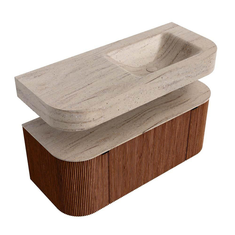 MONDIAZ THOR-DLUX 110cm meuble de salle de bains arrondi gauche + droite couleur Ruby avec 1 tiroir et 2 portes. Vasque suspendue CLOUD Droite 1 trou de robinet couleur Saba. SW1463016