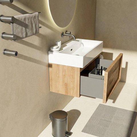 Saniclass Holz Frame Badkamermeubelset - 80x45x52cm - Legend keramische wastafel mat wit - 1 wasbak - zonder kraangat - 1 lade - mat eiken natural (hout) SW1579656