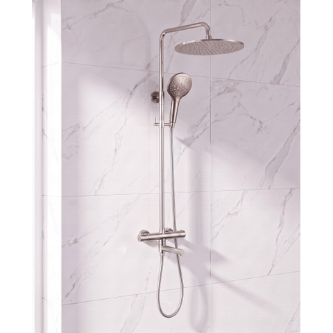 Fortifura Calvi Regendoucheset - thermostatisch - 25cm hoofddouche - gladde slang - ronde handdouche - draaibare baduitloop - Geborsteld RVS PVD SW1592505