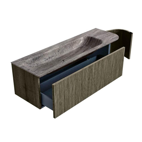 MONDIAZ KURVE-DLUX Meuble de salle de bains 145cm arrondi à droite couleur Shadow avec 1 tiroir et 1 porte. Lavabo BIG LARGE à gauche 2 trous de robinet Oza. SW1432911