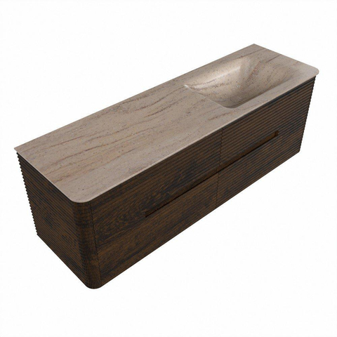 Mondiaz CIRO-DLUX Meuble de salle de bains - 150x45x50cm - Plan vasque Solid surface Saba - 1 lavabo à droite - sans trous de robinetterie - 4 tiroirs - Noyer SW1530704