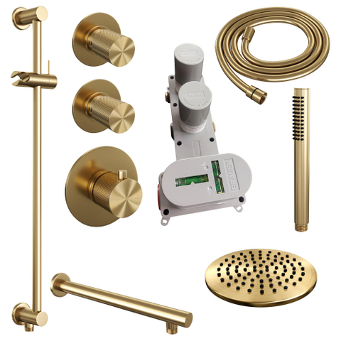 Brauer Gold Carving Douche pluie thermostatique avec pommeau 20cm et bras mural courbé 40cm et douchette Stylo 1 jet flexible lisse avec coude mural Or brossé PVD SW715551