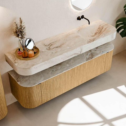 MONDIAZ THOR-DLUX Meuble de salle de bains 170cm arrondi gauche + droite couleur Oak avec 1 tiroir et 2 portes. Vasque suspendue CLOUD Droite sans trou de robinet couleur Frappe. SW1465401