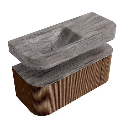MONDIAZ THOR-DLUX 110cm badmeubel ronding links + rechts kleur Walnut met 1 lade en 2 deuren. Vrijhangende wastafel CLOUD Links 1 kraangat kleur Oza. SW1462984