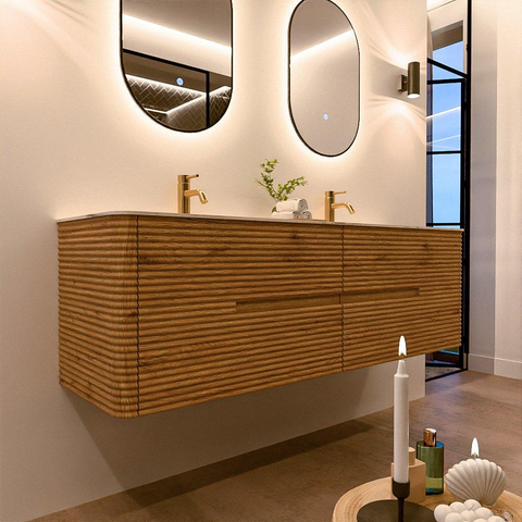 Mondiaz CIRO-DLUX Badkamermeubelset - 160x45x50cm - Solid surface wastafel Nata - 2 wasbak Dubbel - 2 kraangaten - 4 lades - Oak SW1531469