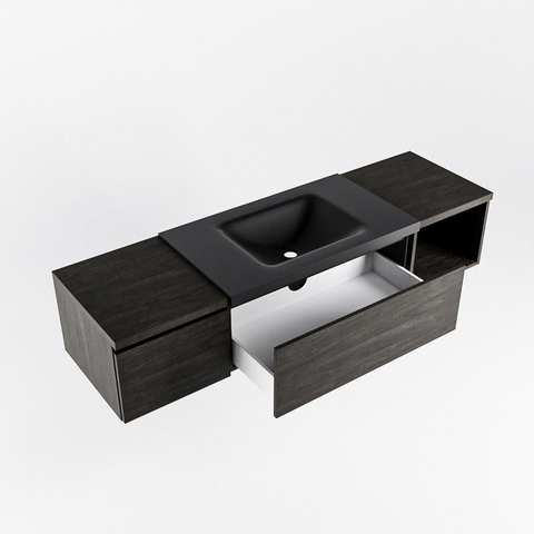 MONDIAZ BUKLA 160cm ensemble de meuble avec module ouvert 40 à droite couleur Marron Foncé avec 2 tiroirs. Lavabo CLOUD centre 1 trou de robinet couleur Urban. SW1382116