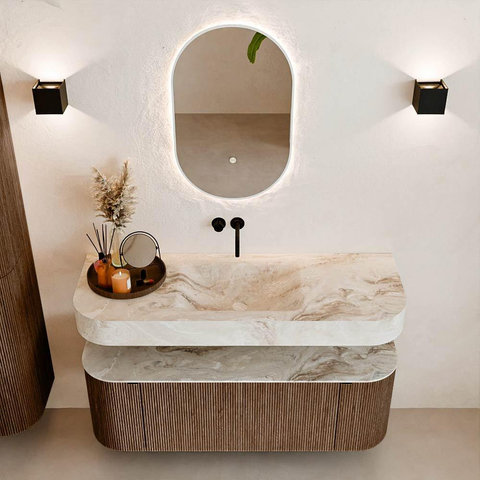 MONDIAZ THOR-DLUX 130cm meuble de salle de bains arrondi gauche + droite couleur Walnut avec 1 tiroir et 2 portes. Vasque suspendue CLOUD Milieu sans trou de robinet couleur Frappe. SW1463560