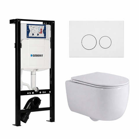 QeramiQ Dely Swirl Toiletset - 36.3x51.7cm - Geberit UP320 plieger inbouwreservoir - slim zitting - mat witte metalen bedieningsplaat - ronde knoppen - glans wit SW1413319