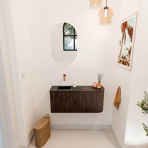 Mondiaz JOYA-DLUX 91.6cm toiletmeubel - ronding rechts kleur Walnut - Wastafel FAYE positie Links Zonder kraangat kleur Lava. SW1422472