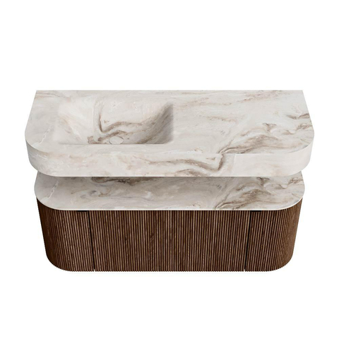MONDIAZ THOR-DLUX 120cm meuble de salle de bains arrondi gauche + droite couleur Walnut avec 1 tiroir et 2 portes. Vasque suspendue CLOUD gauche 1 trou de robinet couleur Frappe. SW1463193