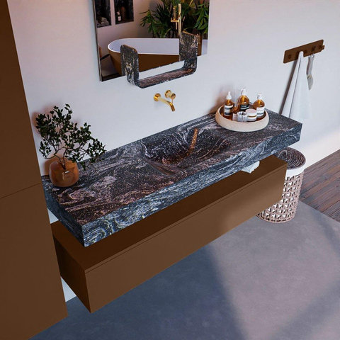 Mondiaz ALAN-DLUX Ensemble de meuble - 150cm - meuble Rust mat - 1 tiroir - Lavabo Cloud Lava suspendu - vasque Centre - 0 trous de robinet SW808321