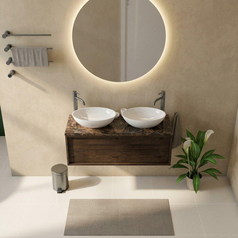Saniclass Holz Frame Ensemble meuble de salle de bains - 120x45x43cm - Plan de toilette en pierre naturelle Noche dark emperador - 2 trous de robinetterie - 1 tiroir - chêne charcoal mat (bois) SW1478301