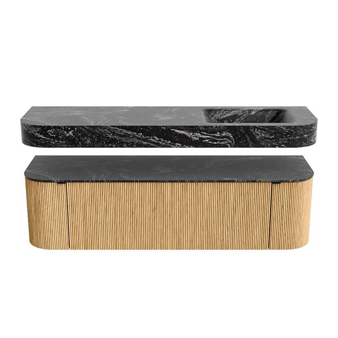 MONDIAZ THOR-DLUX 160cm meuble de salle de bains arrondi gauche + droite couleur Oak avec 1 tiroir et 2 portes. Vasque suspendue CLOUD droite 1 trou de robinet couleur Lava. SW1464963