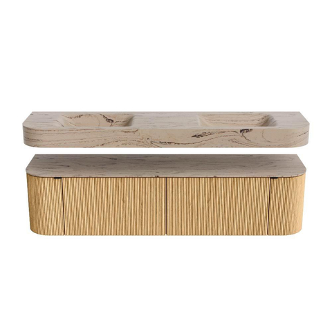 MONDIAZ THOR-DLUX 180cm meuble de salle de bains arrondi gauche + droite couleur Oak avec 2 tiroirs et 2 portes. Vasque suspendue CLOUD Double sans trou de robinet couleur Arena. SW1466140