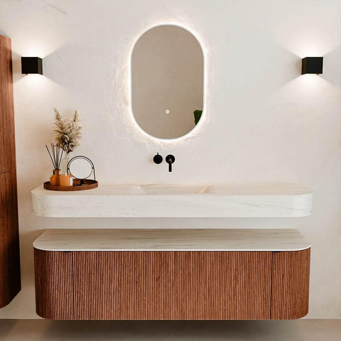 MONDIAZ THOR-DLUX 160cm meuble de salle de bains arrondi gauche + droite couleur Ruby avec 1 tiroir et 2 portes. Vasque suspendue CLOUD Milieu sans trou de robinet couleur Meli. SW1465153