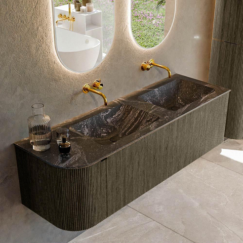 Mondiaz KURVE-DLUX Ensemble de meuble de salle de bains - 145x46x40cm - 1 tiroir - 1 porte - lavabo solid surface - double / droite - sans trou de robinet - Shadow SW1414676