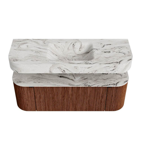 MONDIAZ THOR-DLUX 130cm meuble de salle de bains arrondi gauche + droite couleur Ruby avec 1 tiroir et 2 portes. Vasque suspendue CLOUD Centre sans trou de robinet couleur Glace. SW1463680