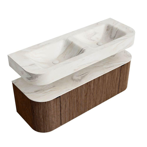 MONDIAZ THOR-DLUX 130cm meuble de salle de bains arrondi gauche + droite couleur Walnut avec 1 tiroir et 2 portes. Vasque suspendue CLOUD Double 2 trous de robinet couleur Ostra. SW1463601