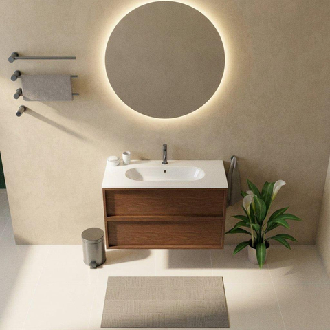 Saniclass Holz Frame Ensemble de meubles de salle de bains - 100x45x73.9cm - Vasque Chaci en céramique blanche - 1 vasque - 1 trou de robinet - 2 tiroirs - walnut pure mat (bois) SW1580115