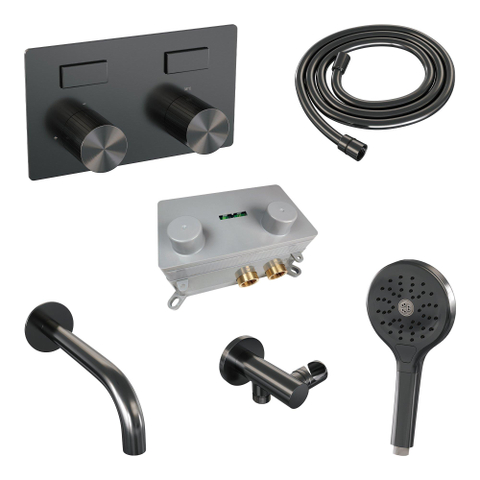 BRAUER Stripe Mitigeur thermostatique bain - boutons-poussoirs - SET 04 - encastré - bec - douchette 3 positions - flexible de douche - coude mural - gunmetal brossé PVD SW1434996