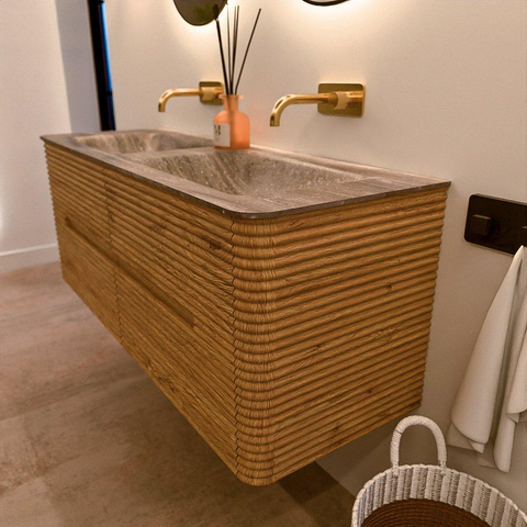 Mondiaz CIRO-DLUX Badkamermeubelset - 130x45x50cm - Solid surface wastafel Oza - 2 wasbak Dubbel - zonder kraangaten - 4 lades - Oak SW1531126