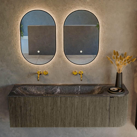 Mondiaz KURVE-DLUX Ensemble meuble de salle de bains - 145x46x40cm - 1 tiroir - 1 porte - lavabo solid surface - gauche - sans trou de robinet - Shadow SW1414670