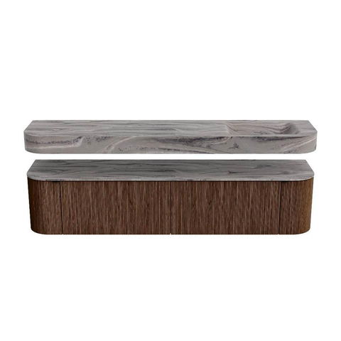 MONDIAZ THOR-DLUX 200cm meuble de salle de bains arrondi gauche + droite couleur Walnut avec 2 tiroirs et 2 portes. Vasque suspendue CLOUD Droite 1 trou de robinet couleur Sombra. SW1467263