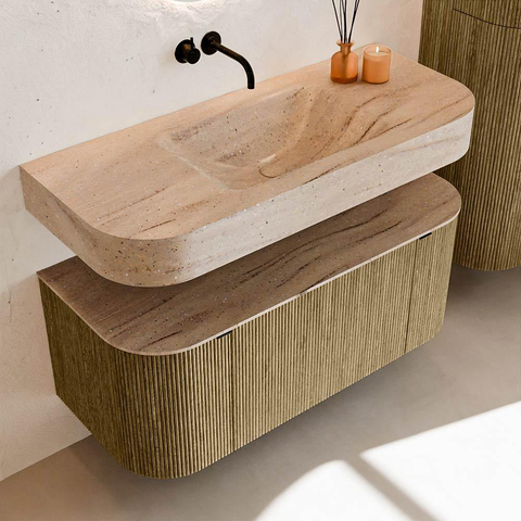 MONDIAZ THOR-DLUX Meuble de salle de bains 110cm arrondi gauche + droite couleur Dusk avec 1 tiroir et 2 portes. Vasque suspendue CLOUD Milieu sans trou de robinet couleur Saba. SW1463021