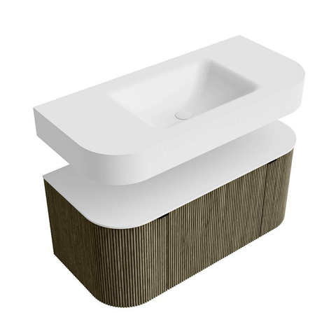 MONDIAZ THOR 100cm meuble de salle de bains arrondi gauche + droite couleur Shadow avec 1 tiroir et 2 portes. Vasque suspendue CLOUD Milieu 1 trou de robinet couleur Talc. SW1467430