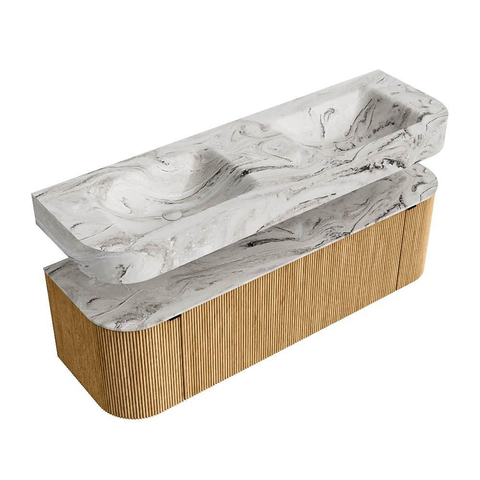 MONDIAZ THOR-DLUX 150cm badmeubel ronding links + rechts kleur Oak met 1 lade en 2 deuren. Vrijhangende wastafel CLOUD Dubbel 2 kraangaten kleur Glace. SW1464586