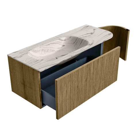 MONDIAZ KURVE-DLUX 115cm badmeubel ronding Rechts kleur Dusk met 1 lade en 1 deur. Wastafel BIG SMALL Links zonder kraangat Nata. SW1432383