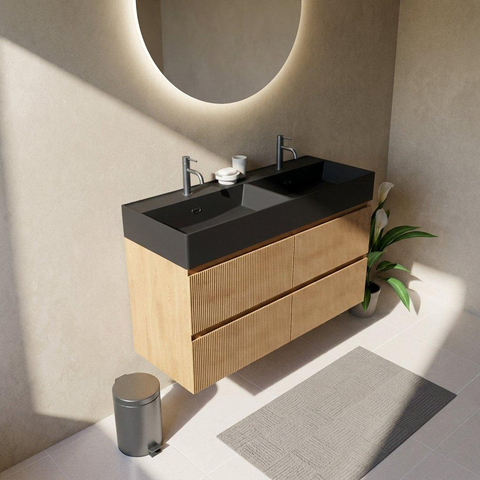 Saniclass Holz Atelier Ensemble meuble de salle de bains - 120x45x60cm - lavabo en céramique noir mat - 2 vasques - 2 trous de robinet - 2 tiroirs - chêne naturel mat (bois) SW1579642